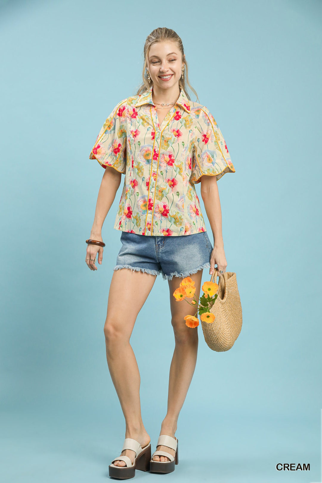 Umgee Floral Print Button Down Blouse With Flutter Sleeves 1