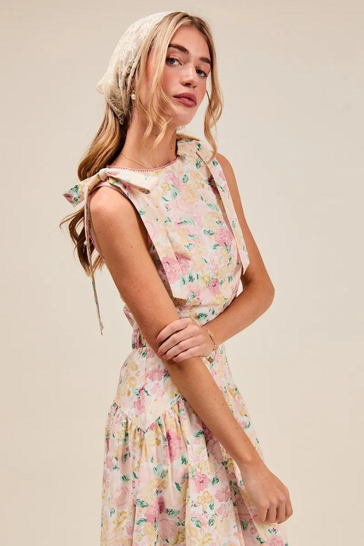 So Me Floral Printed Woven Shoulder Bow Tie Top And Skirt Set