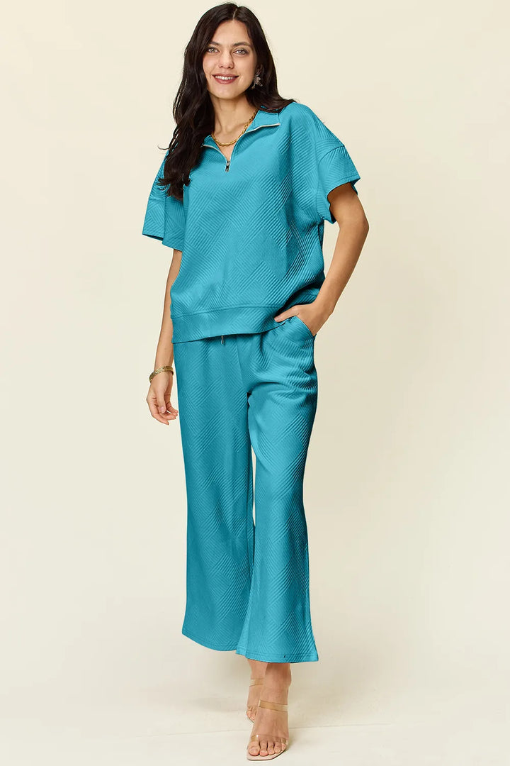 Light Blue Double Take Full Size Texture Half Zip Short Sleeve Top And Pants Set 1
