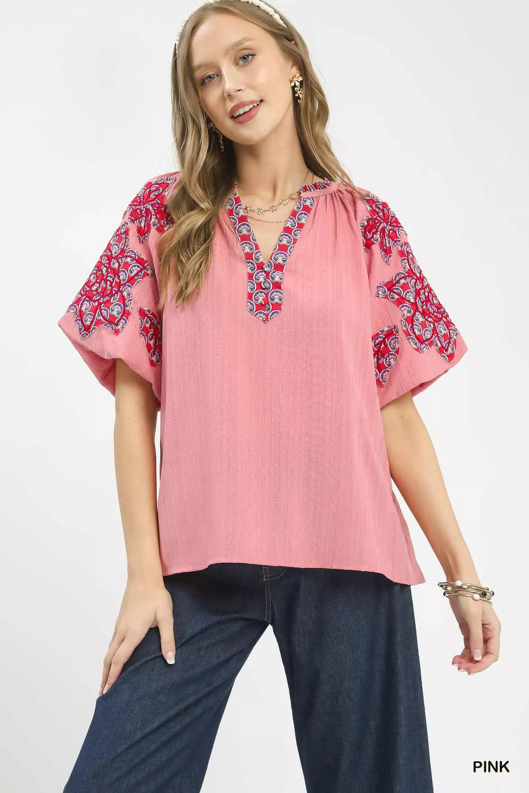 Pink Umgee Embroidered Sleeve Contrast Trim Top 1