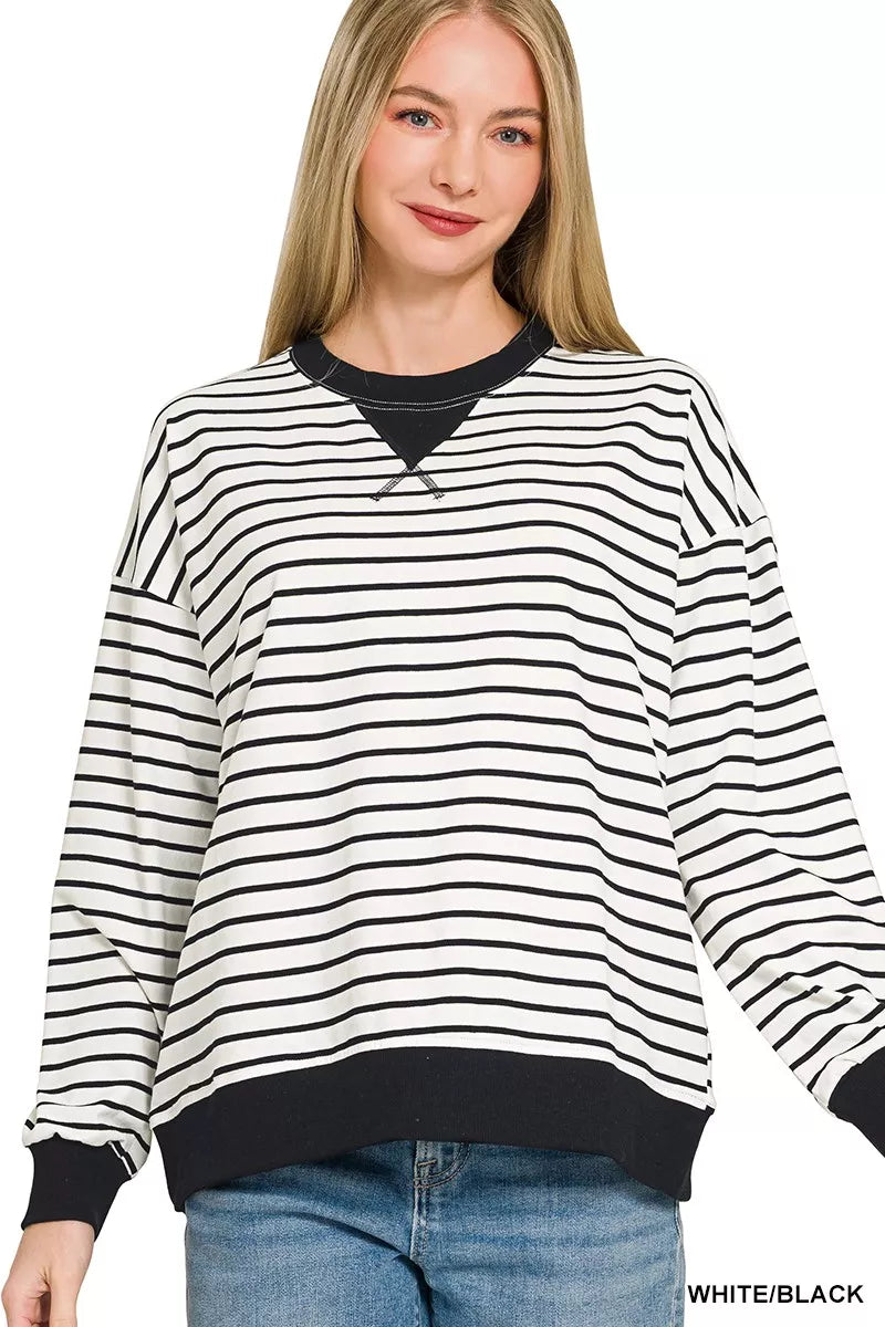 White/Black Zenana Contrast Striped Round Neck Sweatshirt