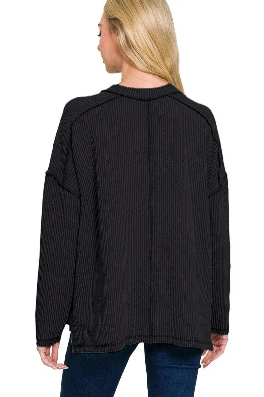 Black Zenana Full Size Exposed Seam Long Sleeve Corded Rib Knit Top Plus Size
