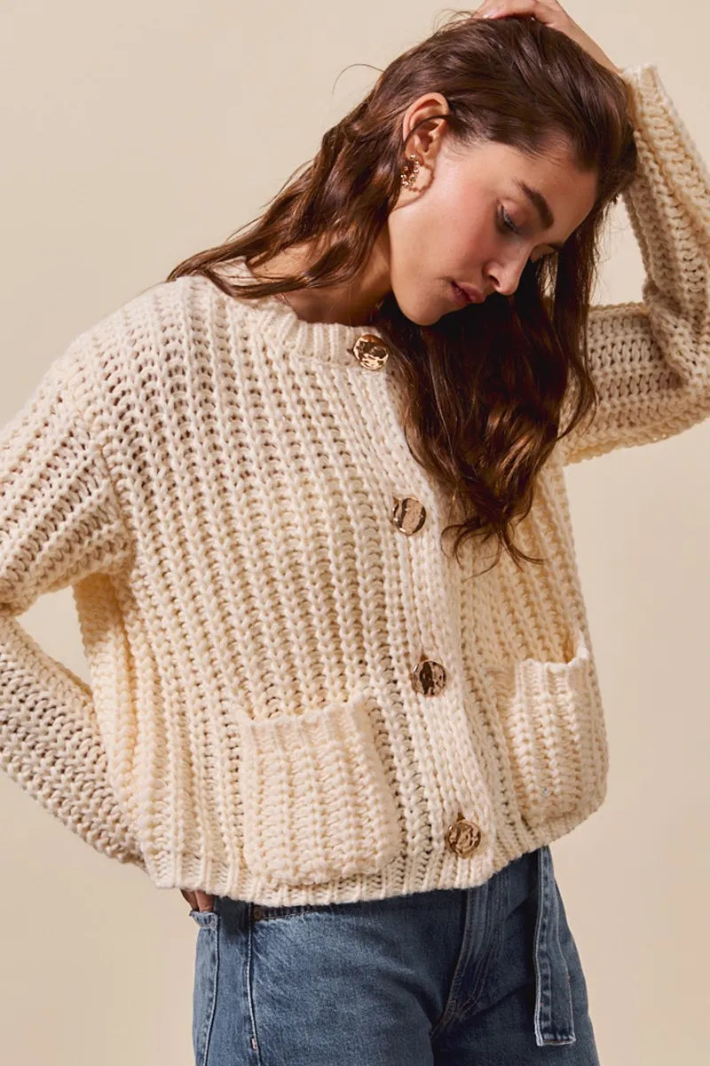 Cream So Me Metal Button Long Sleeve Chunky Sweater Cardigan