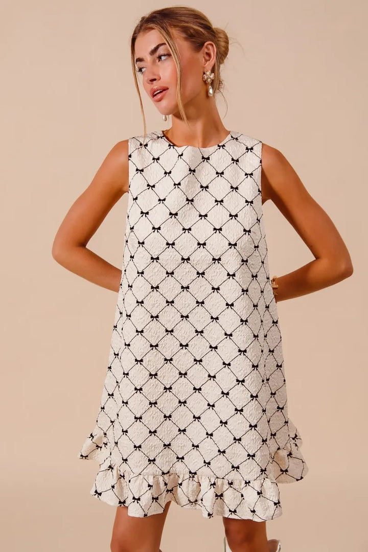 Ivory So Me Texture Bow Printed Mini Ruffle Dress