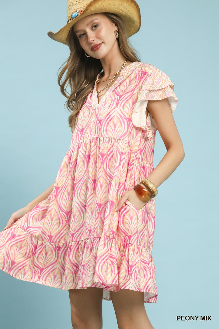 Peony Mix Umgee Mix Printed Flutter Sleeve Dress