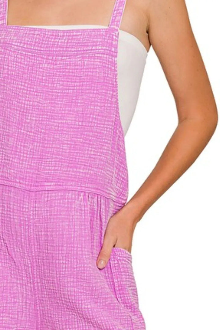 Bright Mauve Zenana Washed Double Gauze Tie Back Rompers 1