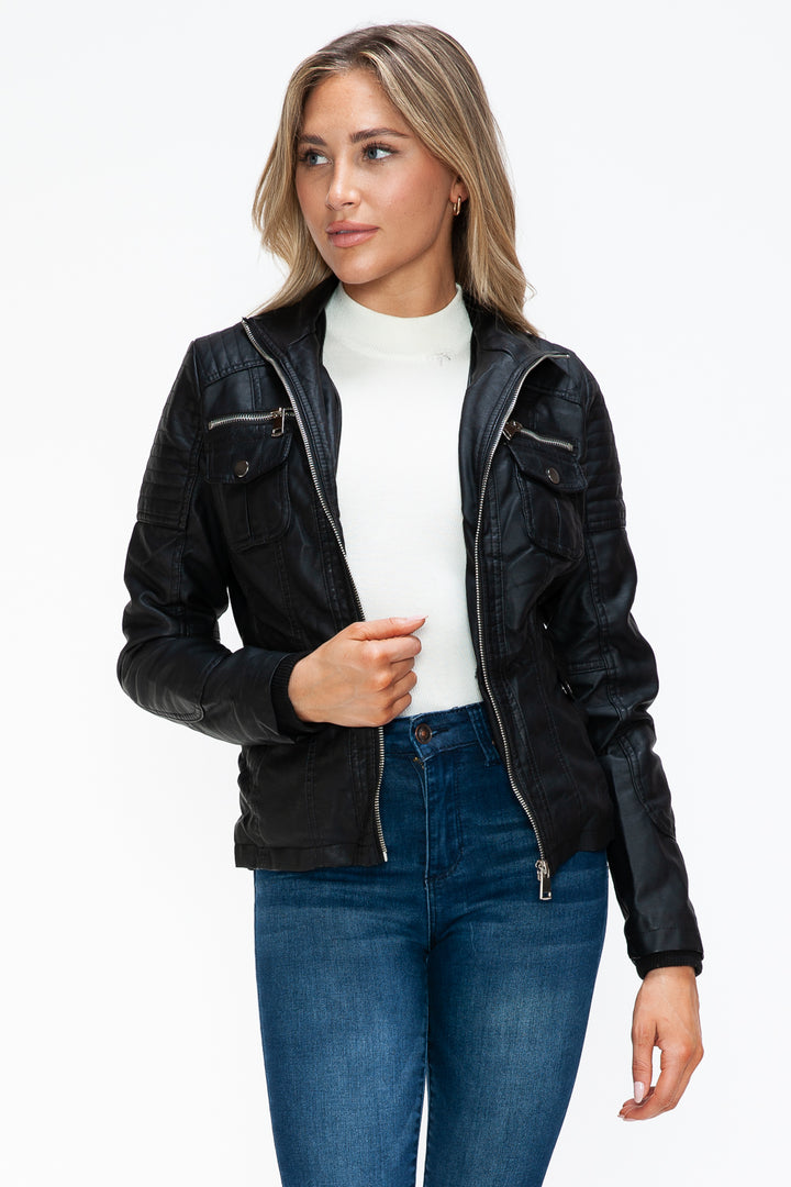 Ymi Removable Faux Layered Multi Pocket Jacket With Fuzzy Hood