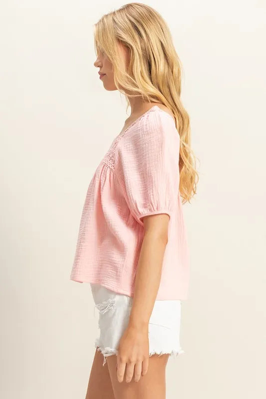 Baby Pink Hyfve Crochet Detail Puff Sleeve Peasant Top