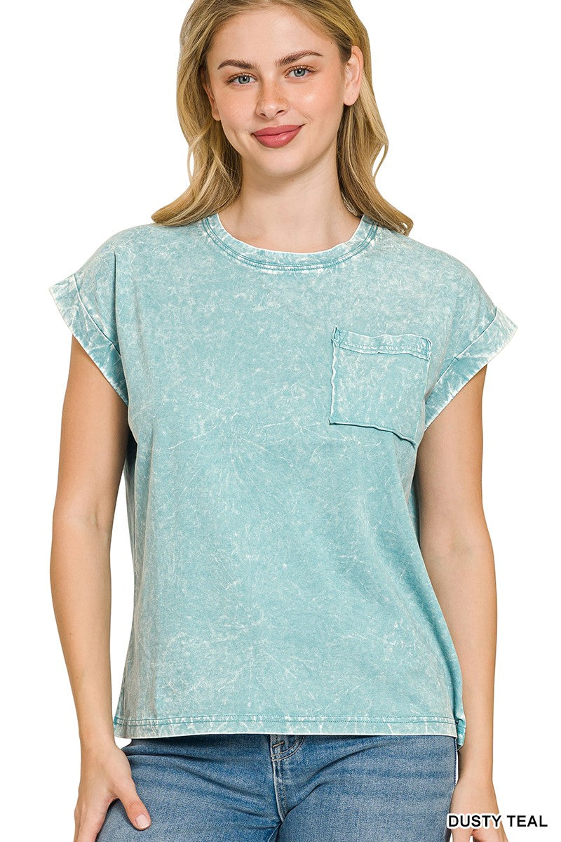 Dusty Teal Zenana Full Size Crinkle Washed Round Neck Folded Short Sleeve Tee Plus Size 4