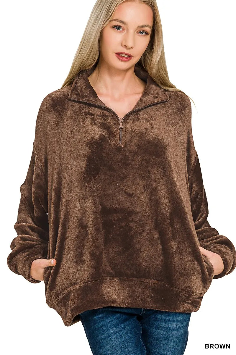 Brown Zenana Faux Fur Half Zip Pocket Pullover 1