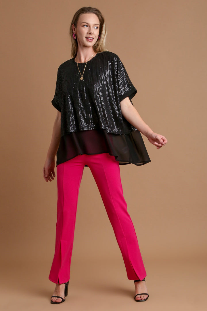 Black Umgee Sequin Half Sleeve Layered Blouse
