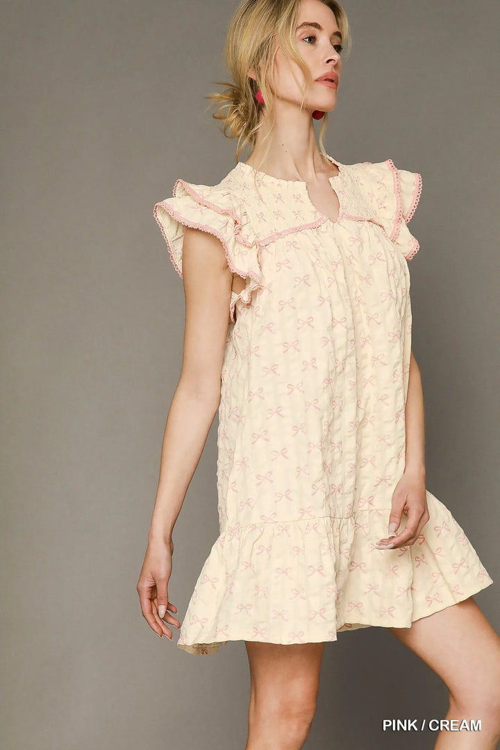 Umgee Bow Print Ruffled Cap Sleeve Mini Dress 1
