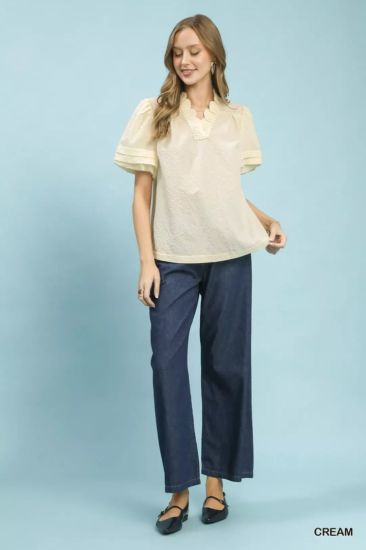 Umgee Textured Scallop Trim Puff Sleeve Blouse