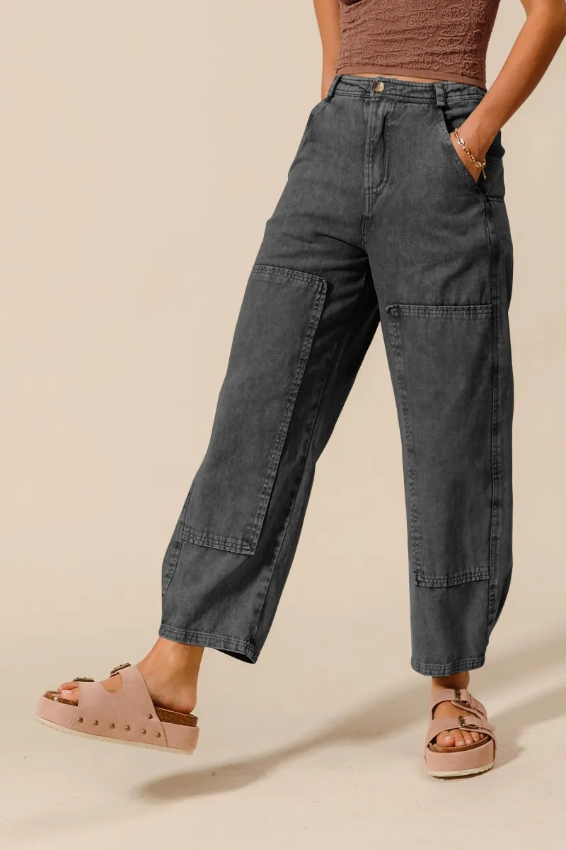 Charcoal Black So Me Mineral Washed Mid Rise Barrel Shape Pants 1