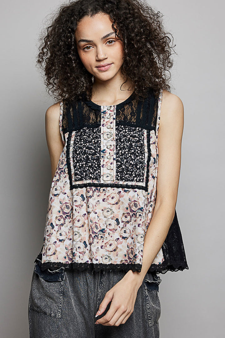 Black Pol Printed Woven Lace Back Round Neck Sleeveless Top