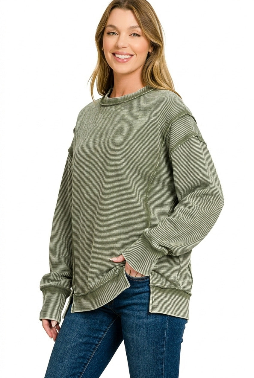 Dk Olive Zenana Acid Washed Double Ribbed Exposed Seam Sweatshirt 1