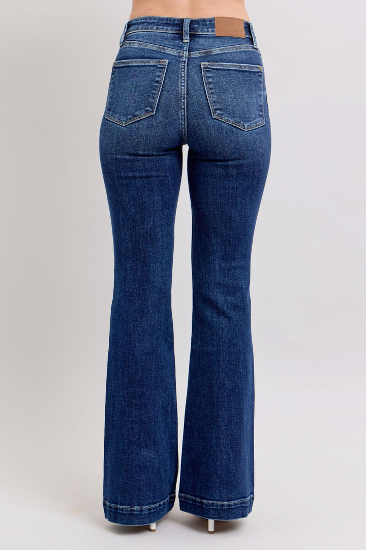 Dark Judy Blue Full Size High Rise Flare Jeans With Pockets Plus Size
