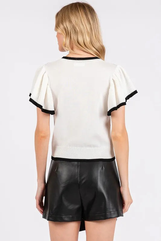 White Mittoshop Contrast Trim Ruffled Cap Sleeve Knit Top