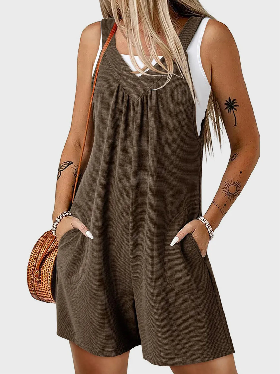 Coffee Brown V Neck Wide Strap Romper