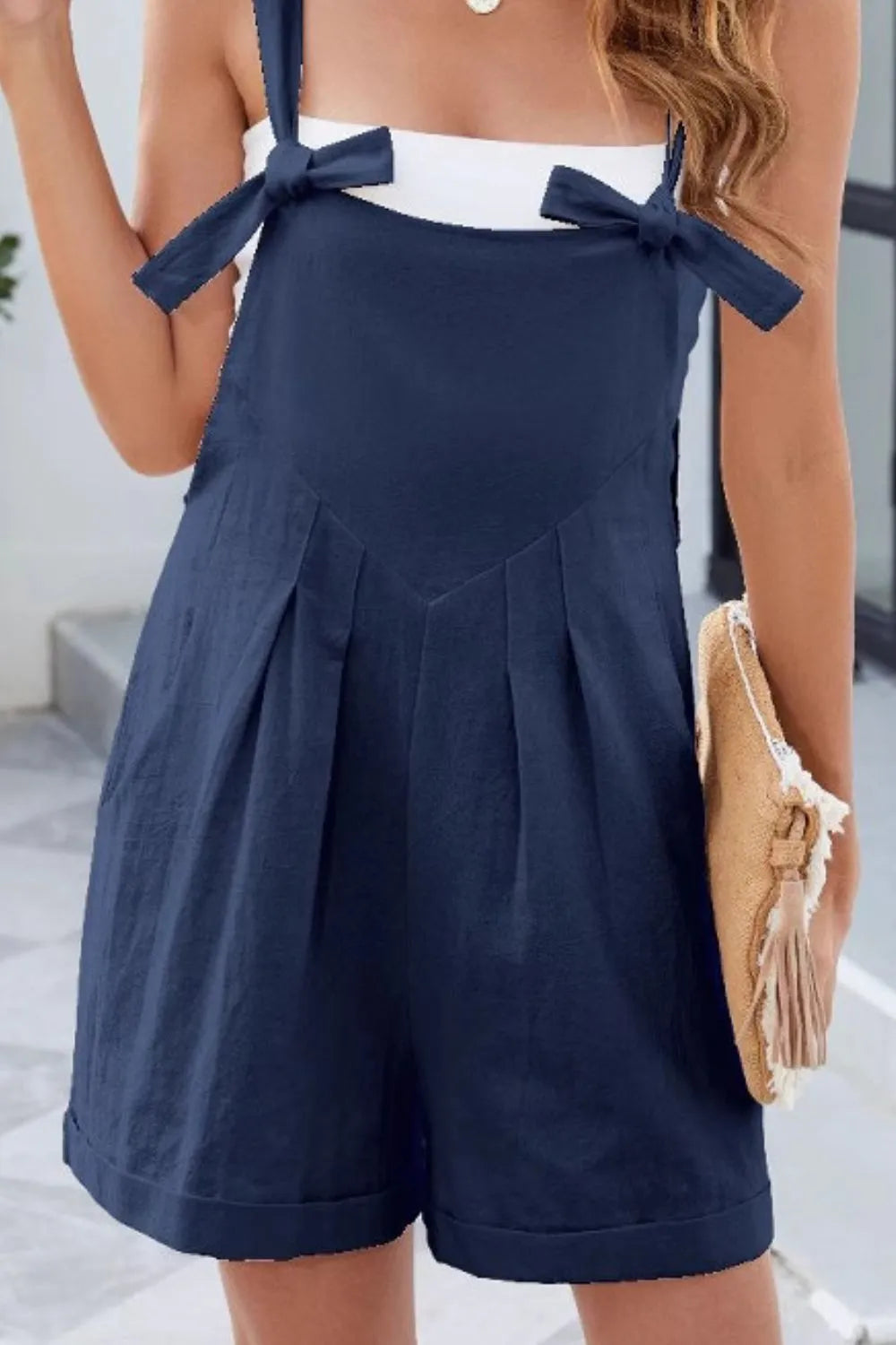 Dark Navy Knotted Strap Romper With Pockets 1