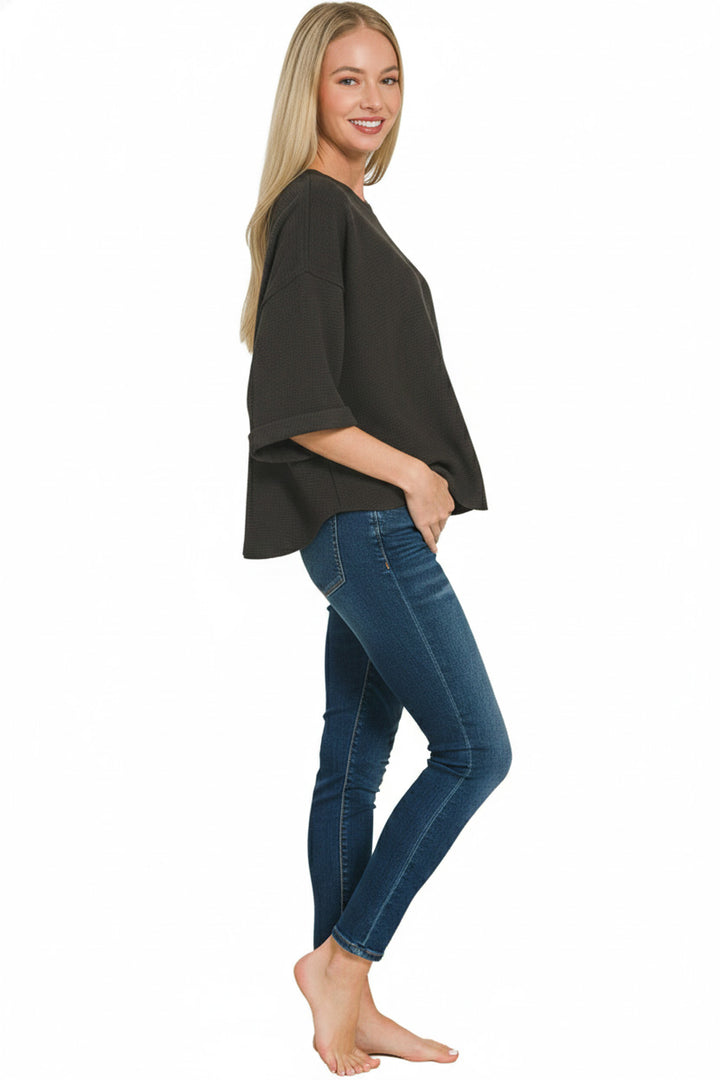 Black Zenana Double Knit Exposed Seam Curved Hem Top 1