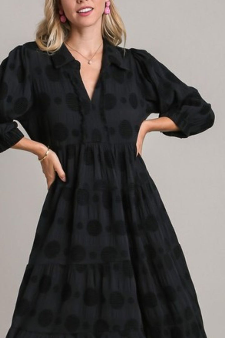 Black Umgee Full Size Solid Dotted Jacquard Midi Dress Plus Size