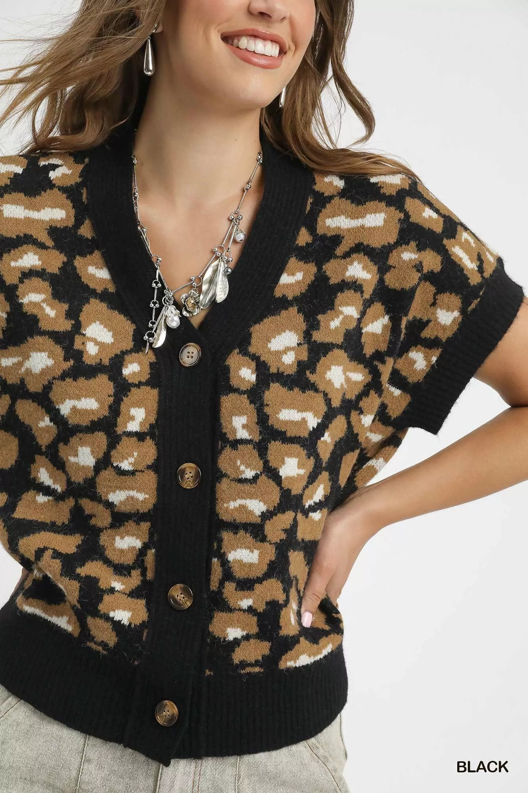 Umgee Leopard Button Down Short Sleeve Cardigan 2