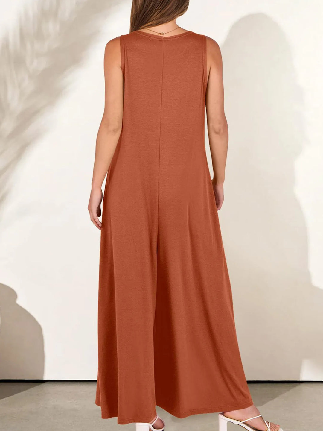 Brown Sleeveless V Neck Jumpsuit With Pockets