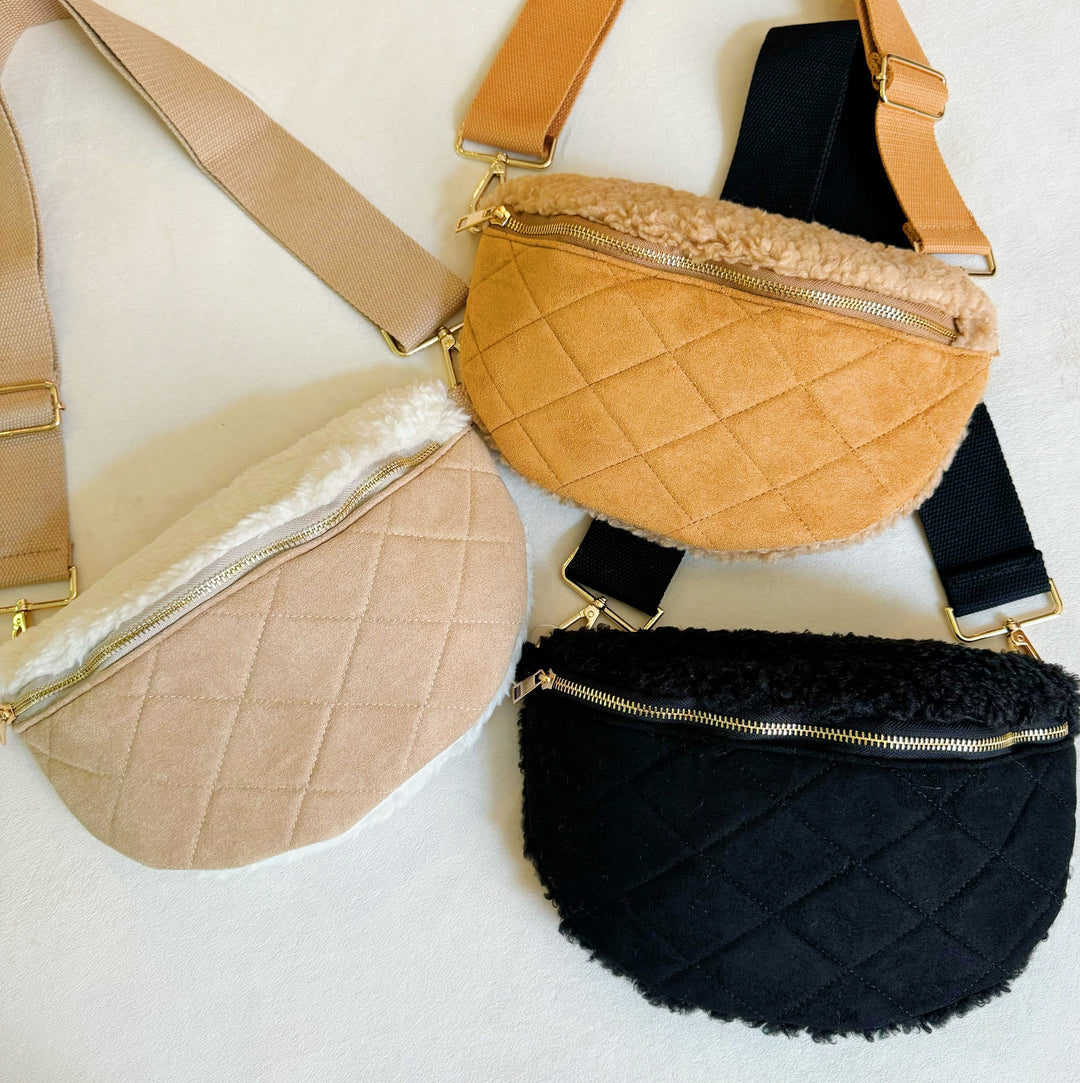 Black Fuzzy And Quilted Luxe Sling Bag