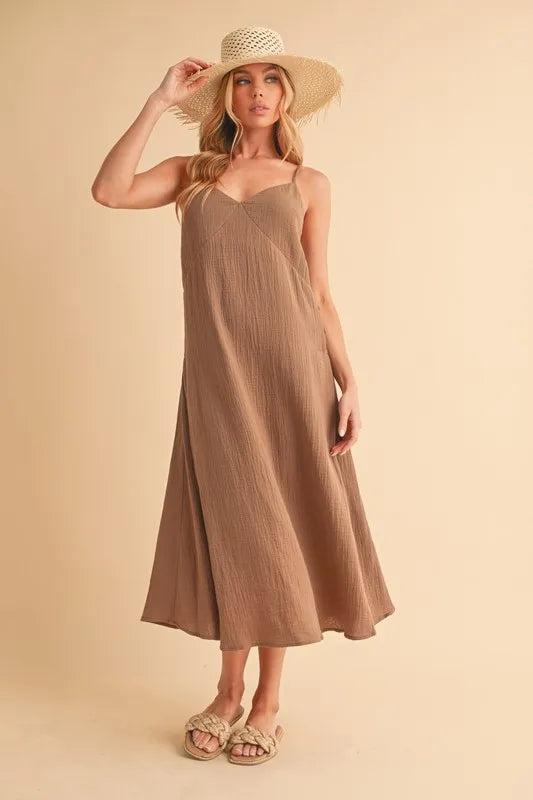 Mocha Aemi Co Side Button Midi Cami Dress