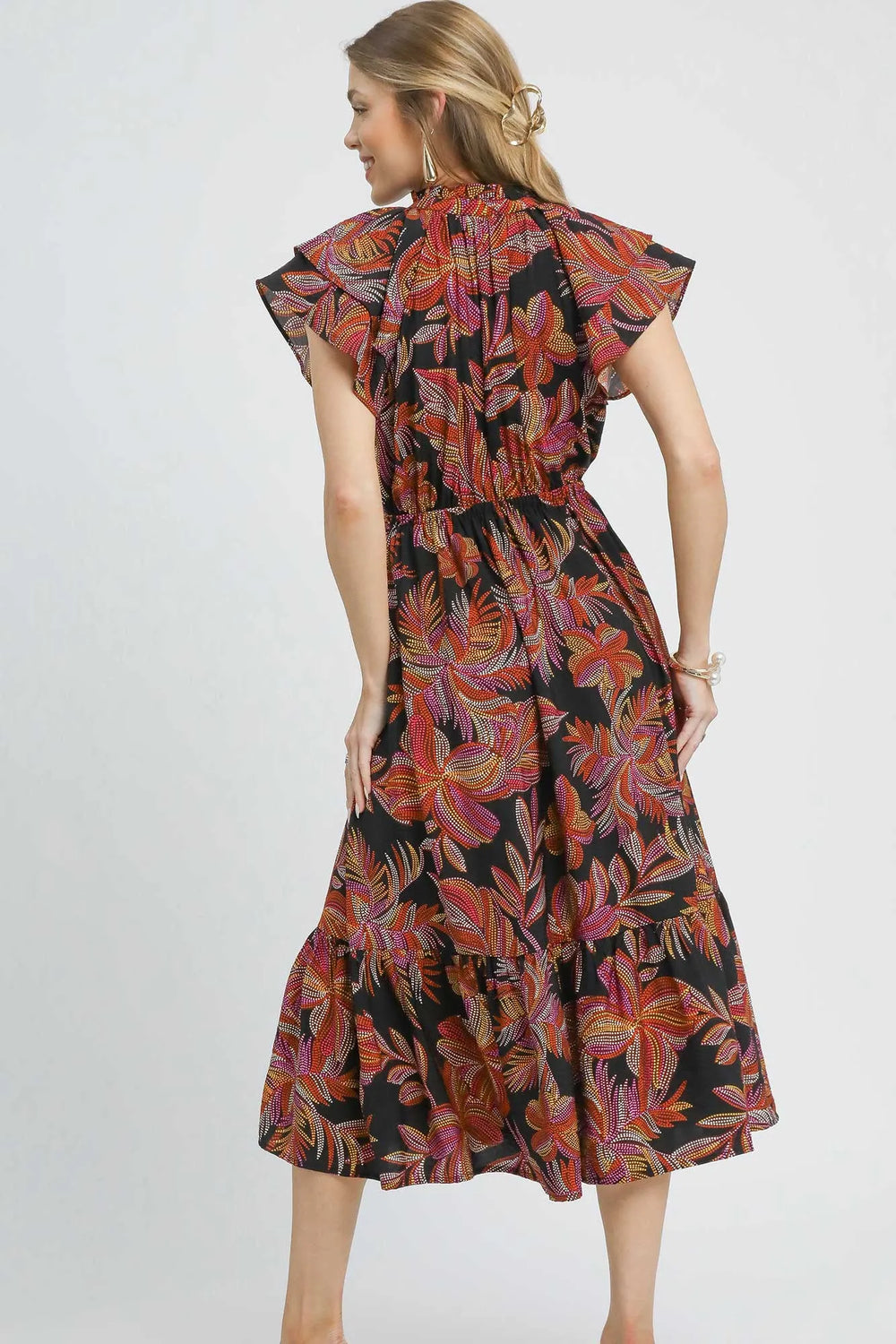 Black Mix Umgee Mix Ruffle Sleeve Tropical Midi Dress