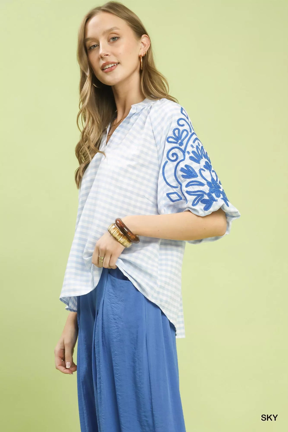 Sky Umgee Gingham Embroidered Balloon Sleeve Top