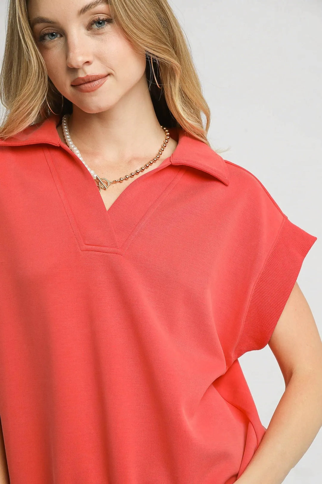 Red Coral Umgee Luxe Knit Collared Short Sleeve Polo Sweatshirt