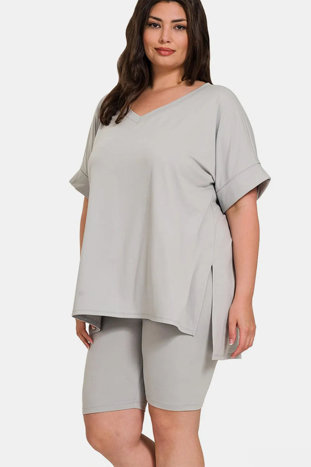 Lt Grey Zenana Full Size V Neck Short Sleeve Slit T Shirt And Shorts Set 1