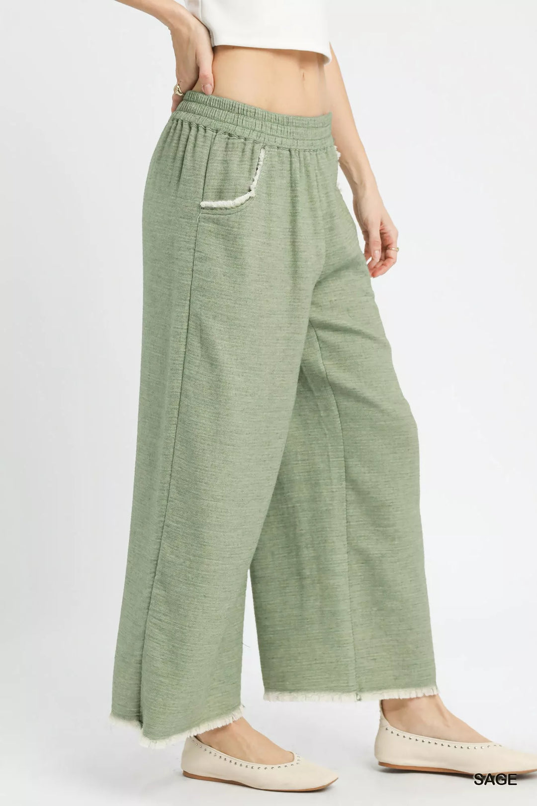 Sage Umgee Frayed Hem Wide Leg Pants