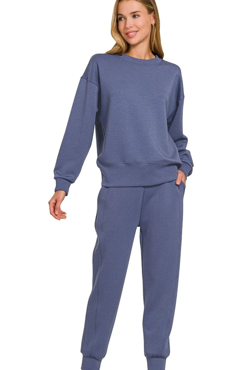 Blue Indigo Zenana Scuba Crewneck Pullover Joggers 2 Pieces Set 1