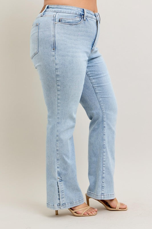 Light Judy Blue Full Size Tummy Control Vintage Wash Side Slit Slim Boot Jeans Plus Size
