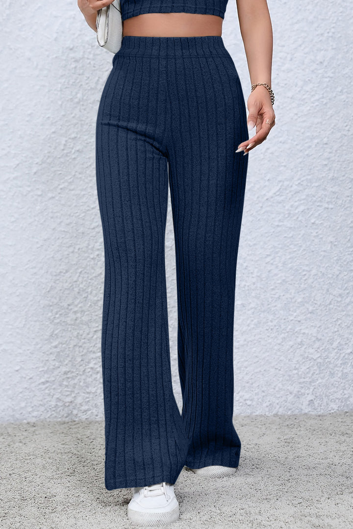 Dark Blue Basic Bae Full Size Ribbed High Waist Flare Pants
