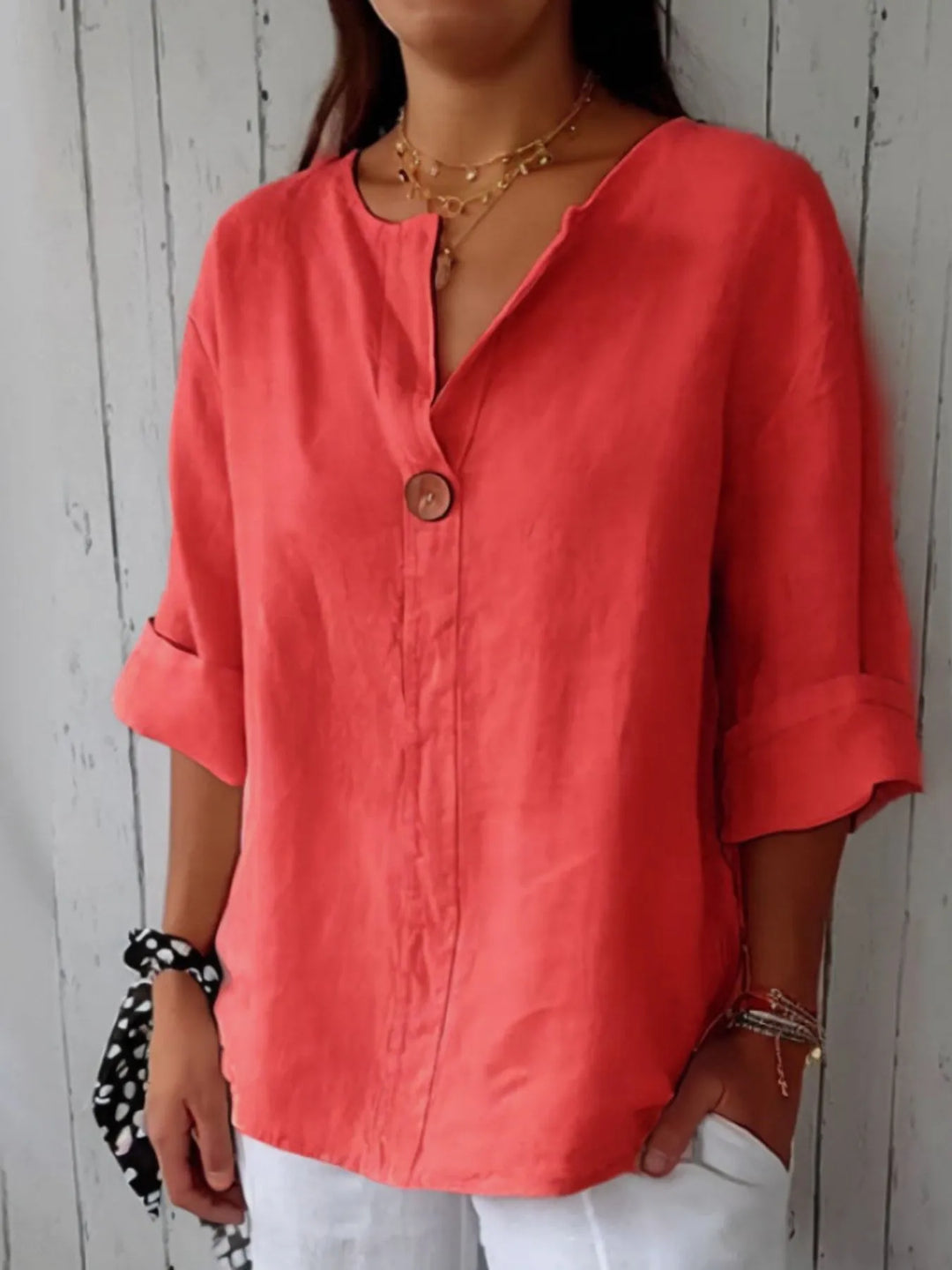 Black Full Size Linen Blend Notched Blouse Plus Size