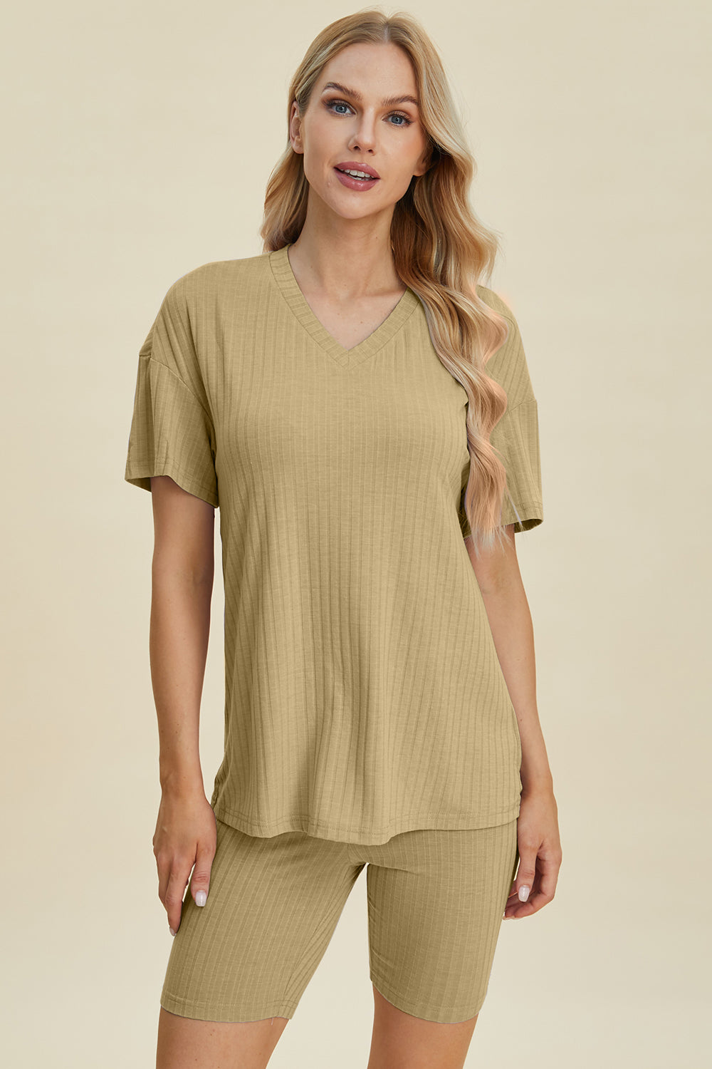Lavender Basic Bae Full Size Ribbed V Neck Short Sleeve Top And Shorts Set