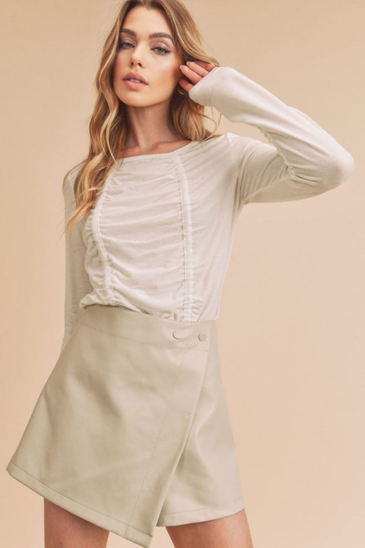 White Aemi Co Ruched Front Round Neck Long Sleeve T Shirt