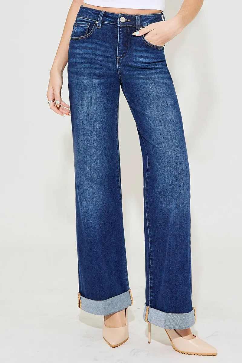 Dark Risen Full Size Tummy Control High Rise Wide Leg Cuffed Jeans Plus Size