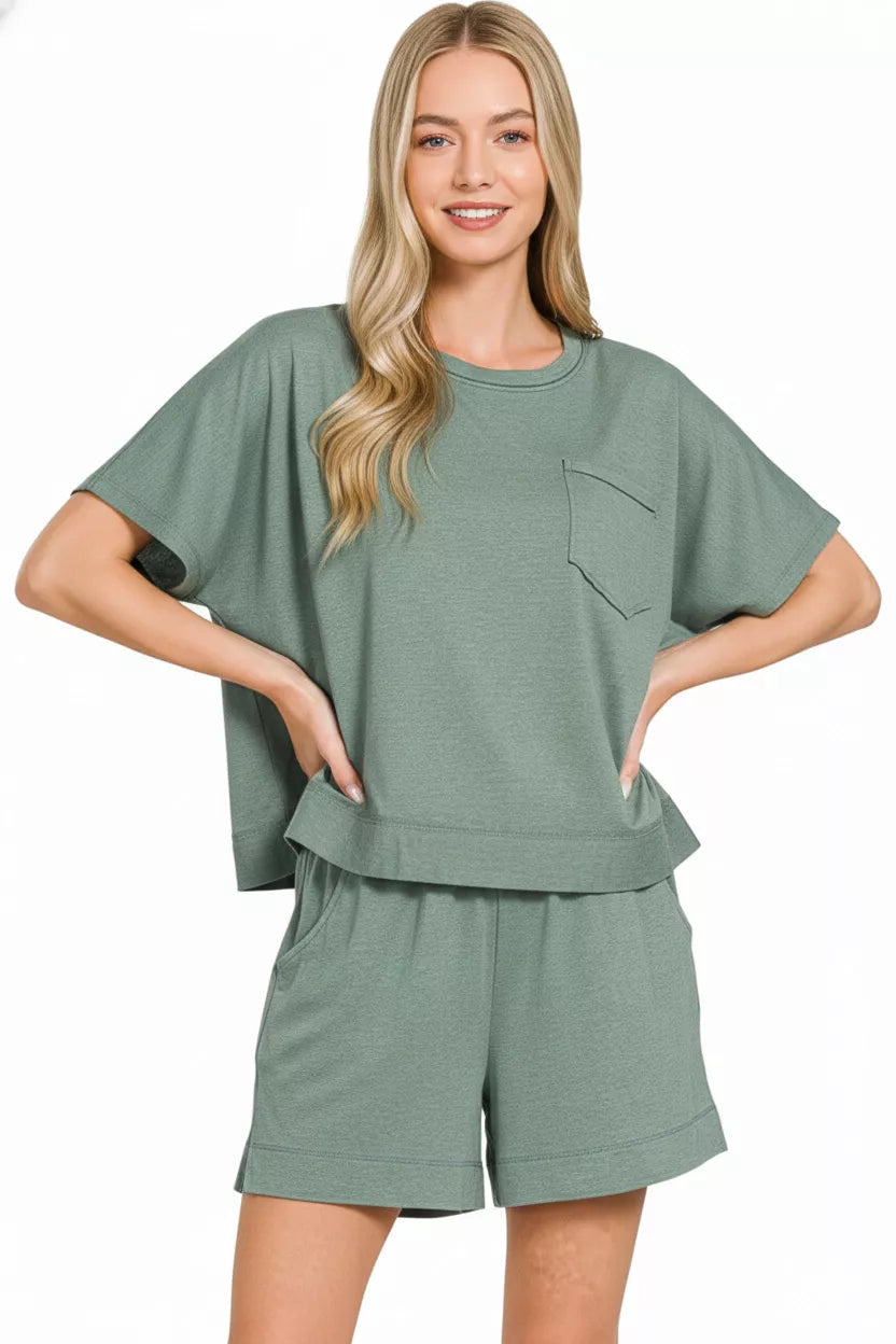 H Ash Jade Zenana Exposed Seam Boxy Top Shorts Set