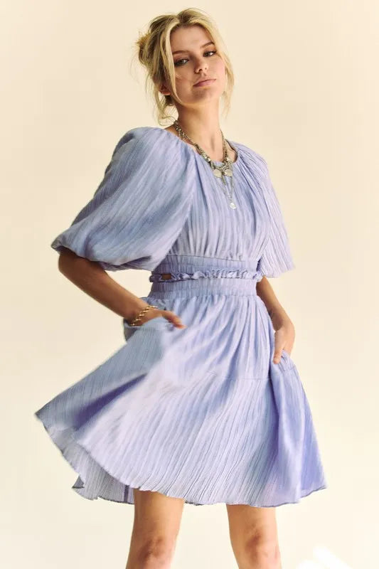 Davi Dani Back Button Puff Sleeve Mini Dress