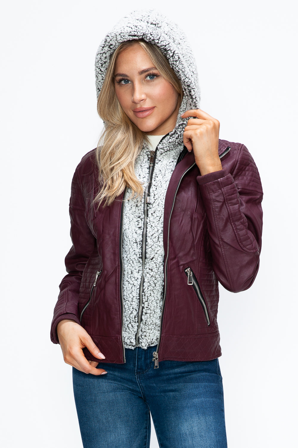 Ymi Faux Layered Double Zipper Jacket With Fuzzy Hood 1