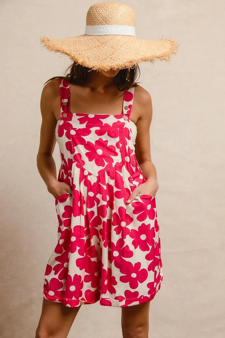 Bibi Floral Prints Tuck Detail Short Overall With Pockets