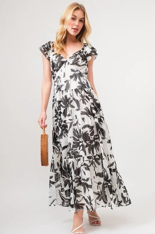 Black Cream And The Why Ruffled Sleeve Tiered Floral Print Maxi Dress