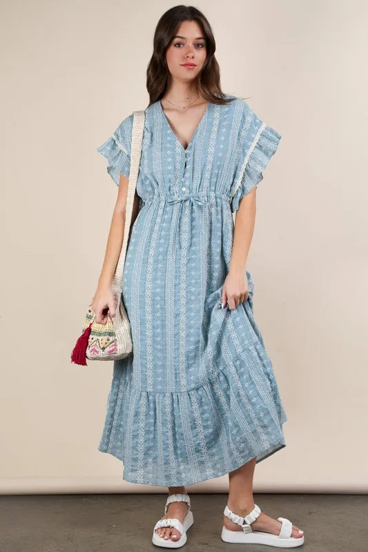 Blue Very J Embroidered Boho Ruffled Midi Dress 2
