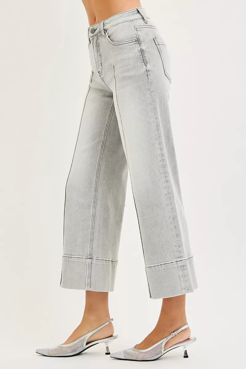 Light Grey Risen Tummy Control Mid Rise Crop Wide Pintuck Front Jeans