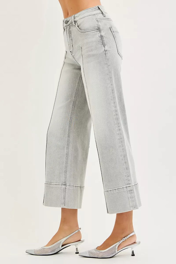 Light Grey Risen Tummy Control Mid Rise Crop Wide Pintuck Front Jeans